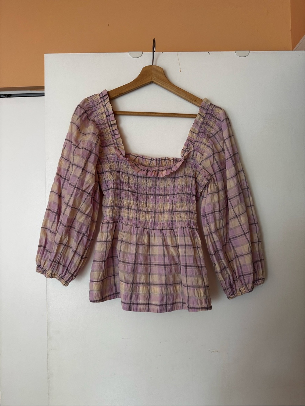 Ganni Pink and Cream Smocked Plaid Peasant Blouse